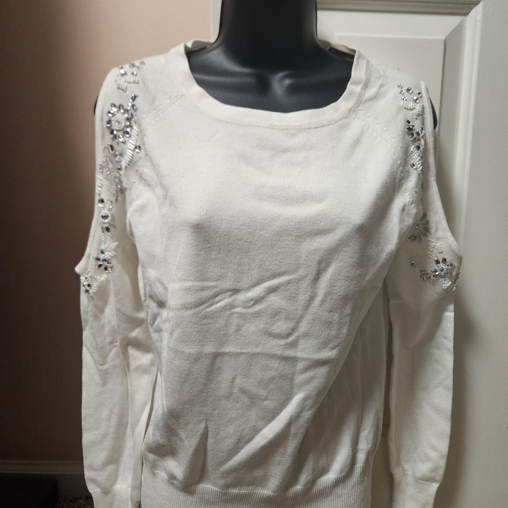 New York & Company White Cold Shoulder Embellished Sweater